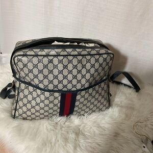Gucci Beige Canvas Messenger Bag with Navy & Red Web Stripe
